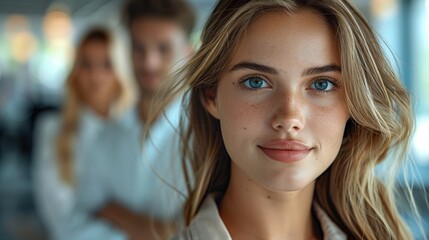 Canvas Print - Portrait of young business people standing indoors in office looking at camera. Generative AI.