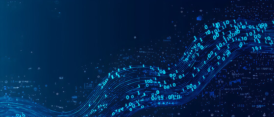 A flat vector illustration of a coding concept, deep blue theme, technology background, code snippets flowing across, binary codes integrated into the design, subtle glow effects, dark blue tones