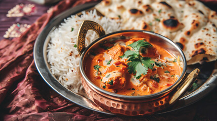 Wall Mural - Indian butter chicken, with creamy tomato sauce, served in a copper bowl, accompanied by naan bread and basmati rice, set on a richly textured fabric tablecloth