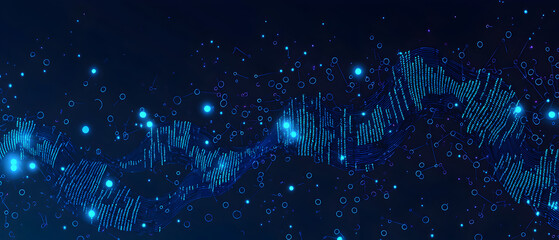 A flat vector illustration of a coding concept, deep blue theme, technology background, code snippets flowing across, binary codes integrated into the design, subtle glow effects, dark blue tones