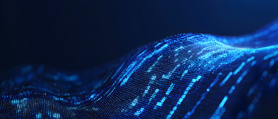 A flat vector illustration of a coding concept, deep blue theme, technology background, code snippets flowing across, binary codes integrated into the design, subtle glow effects, dark blue tones