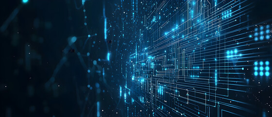 A flat vector illustration of a coding concept, deep blue theme, technology background, code snippets flowing across, binary codes integrated into the design, subtle glow effects, dark blue tones