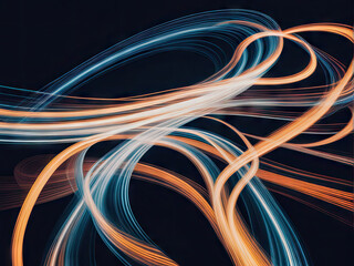 Dynamic abstract light trails in vibrant hues creating a sense of motion and fluidity against a dark backdrop. Generative AI