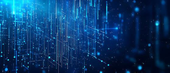 A flat vector illustration of a coding concept, deep blue theme, technology background, code snippets flowing across, binary codes integrated into the design, subtle glow effects, dark blue tones