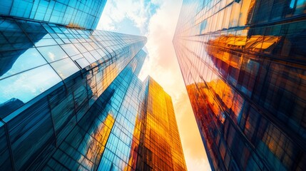 Modern skyscrapers reflecting vibrant colors under a bright sky, demonstrating urban architecture and innovative design concepts.