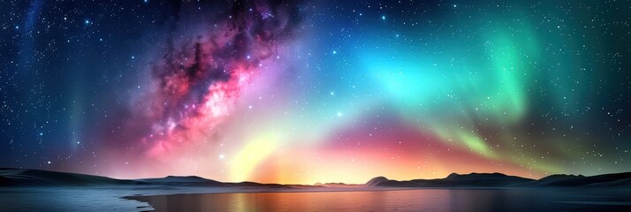 breathtaking panoramic view of aurora borealis and milky way over a tranquil lake with a vibrant nig