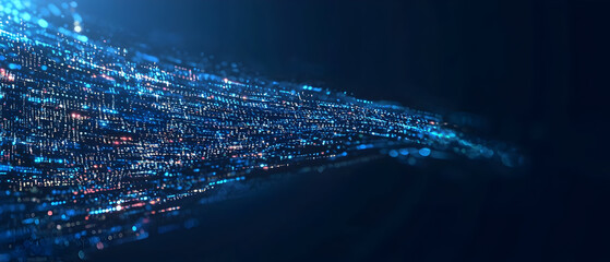 A flat vector illustration of a coding concept, deep blue theme, technology background, code snippets flowing across, binary codes integrated into the design, subtle glow effects, dark blue tones