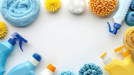 Top view of cleaning supplies including brushes, bottles, and sponges arranged in a circular frame on a white background.