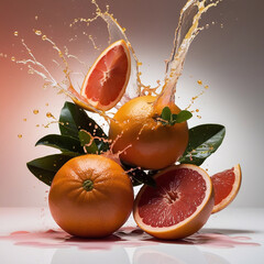 Wall Mural - Photo of three grapefruits with juice splashing around them in the air, some green leaves mixed with splashes of juice adding dynamism and freshness