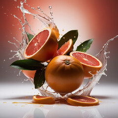 Wall Mural - Photo of three grapefruits with juice splashing around them in the air, some green leaves mixed with splashes of juice adding dynamism and freshness