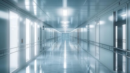 Leinwandbilder - An empty prison corridor with light-gray walls and a large glass wall on the left, the corridor lit by cold, harsh fluorescent lights. The glass wall is partially reflective. Generative AI.