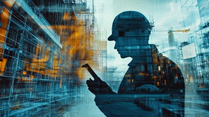 Wall Mural - Silhouette of an engineer at a construction site with blurred background, symbolizing technology and industry development.