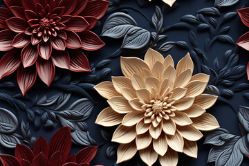 Wall Mural - 3D rendered floral pattern with red and cream flowers and leaves on a blue background.