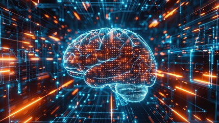 Aufkleber - 3D rendering of an AI brain floating in the center, surrounded by glowing data streams and holographic elements representing advanced technology. Generative AI.