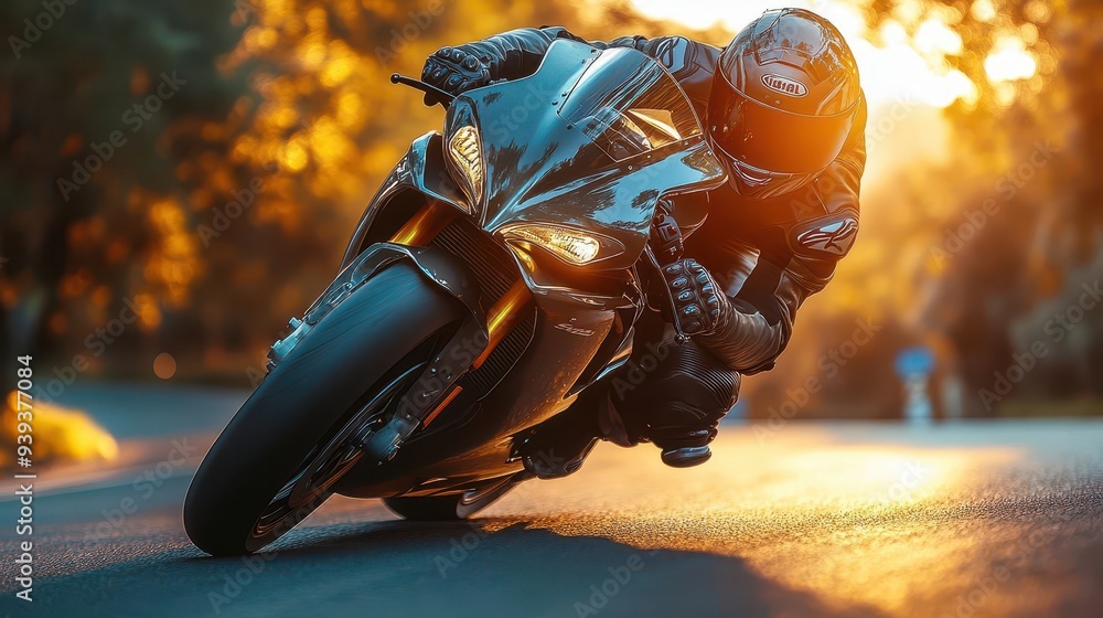 dynamic motorcycle action rider leans into turn helmet gleaming in ...