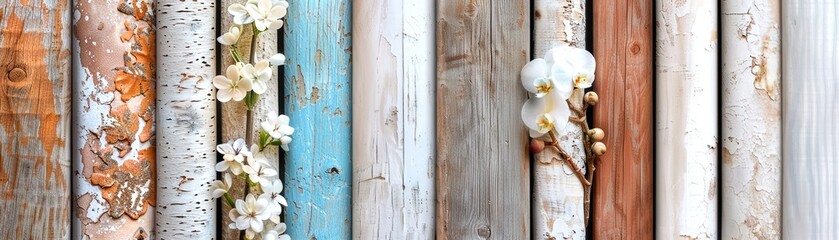 Rustic wooden planks with various textures and colors, adorned with white flowers and delicate details, creating a charming background.