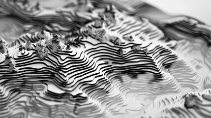 A topographic map of mountains and lakes, 2D, black and white, illustrating terrain contours and bodies of water with a clean, simple aesthetic.