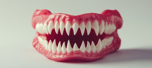 A set of plastic vampire fangs with bright white teeth and a hint of red