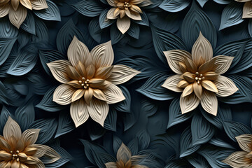 Wall Mural - A seamless pattern of 3D paper flowers in shades of blue and gold. The flowers are arranged in a symmetrical pattern and create a beautiful and elegant design.