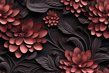 A seamless pattern of 3D stylized red flowers and dark grey leaves on a black background.