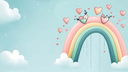 Sticker - Rainbow With Hearts and Clouds.