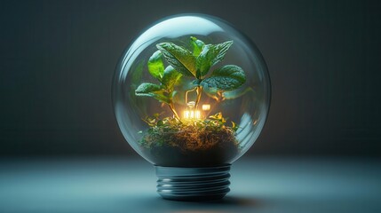 Sticker - ecofriendly light bulb with miniature ecosystem growing inside glowing green energy tiny plants and sustainable elements on clean white background emphasize environmental concept