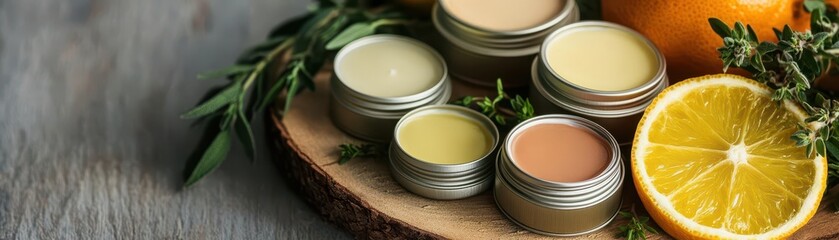 Warm and inviting image of natural lip balms in recyclable tins, arranged on a wooden platter with fresh herbs and citrus slices, emphasizing eco-friendly beauty.
