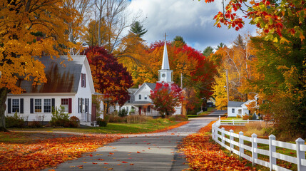 A picturesque New England village in the fall, with vibrant autumn leaves in shades of red, orange, and yellow. The scene features quaint colonial-style houses, a white steeple church.