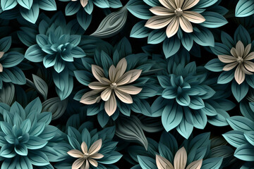 A seamless pattern of teal and white paper flowers and leaves on a dark background.