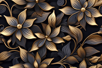 Seamless pattern of gold and black 3D flowers on a black background.