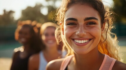 Girl tennis player with pals at court