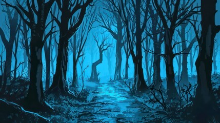 halloween blue and black tones, this forest landscape shows twisted trees and a shadowy, mysterious nature that evokes a sense of fear and intrigue