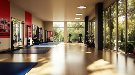 A bright and spacious gym with exercise equipment and large windows overlooking greenery.