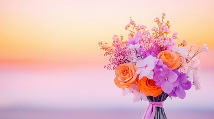 Poster - Pink and Orange Bouquet of Flowers Against Sunset.