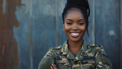 African Black Woman Military - smiling, military, woman, uniform, confident, camouflage, African American, army, cross-armed, braids, outdoor, young adult, portrait