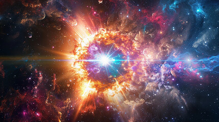 Wall Mural - A vivid depiction of a supernova explosion in a distant galaxy, with brilliant colors and intense light radiating outward. 