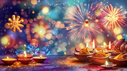 Wall Mural - Illustration of a Diwali festival with fireworks and sweets. 