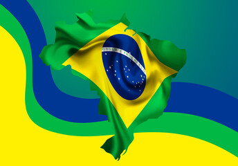 Brazilian flag waving over map of brazil background