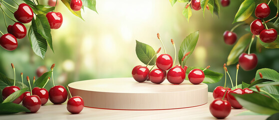 Fresh red cherries with green leaves on a wooden platform in a bright, sunny environment, perfect for food and nature themes.