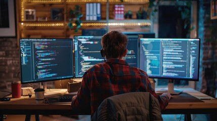A young adult coding on a computer with multiple screens in a tech workspace
