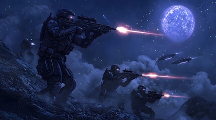 Nighttime Firefight: A squad of futuristic soldiers engage in a fierce firefight under a vast, blue moon, their laser beams illuminating the snow-covered landscape. The scene evokes a sense of tension