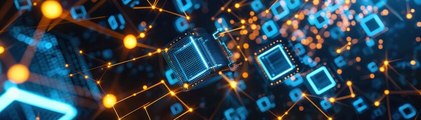 Abstract representation of digital data and technology connectivity with glowing lines and cubes, showcasing modern networking concepts.