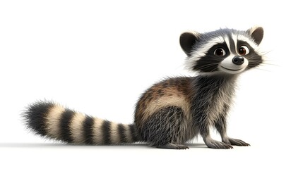 Curious Critter: Adorable 3D raccoon with captivating gaze and fluffy tail, isolated on white.