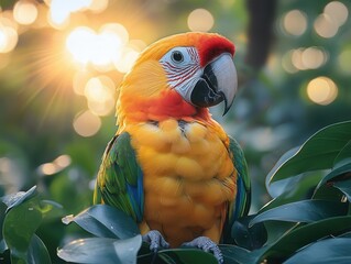 Wall Mural - exotic parrot with vibrant plumage perched in lush tropical foliage iridescent feathers catching dappled sunlight curious intelligent gaze celebrating biodiversity