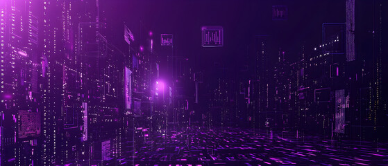 
A flat vector illustration of a graphic technology background, deep purple tones, coding elements, grid patterns, code symbols floating, modern and clean vector art, subtle lighting effects, digital 