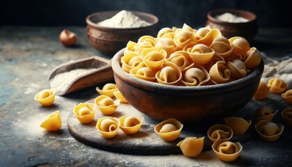 Raw pasta shells, wooden bowl filled with pasta shells, uncooked pasta scattered on textured surface, dried homemade noodles, rustic food still life, warm lighting and earth tones