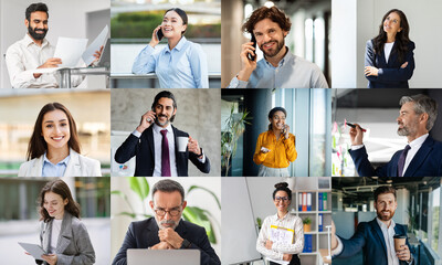 Leinwandbilder - A group of professionals participates in different activities within a contemporary office environment. Some individuals are engaged in conversations over the phone, using laptops