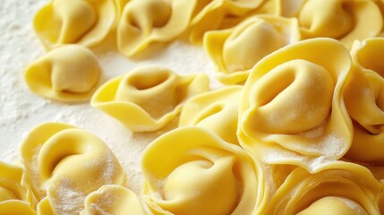 Canvas Print - uncooked tortellini pasta, yellow texture, flour surface, food photography, close-up, Italian cuisine, pasta shapes, dough swirls, carbohydrates