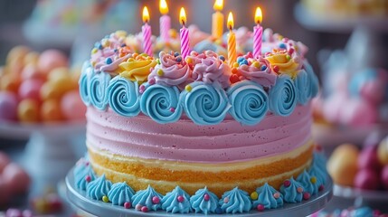 extravagant multitiered birthday cake adorned with colorful frosting swirls sprinkles and candy decorations lit candles cast a warm glow ready for celebration