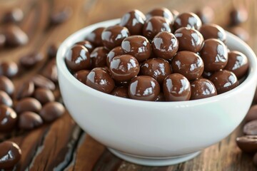 Wall Mural - Chocolate covered espresso beans are piled high in a white bowl, sitting on a rustic wooden table with loose espresso beans scattered around